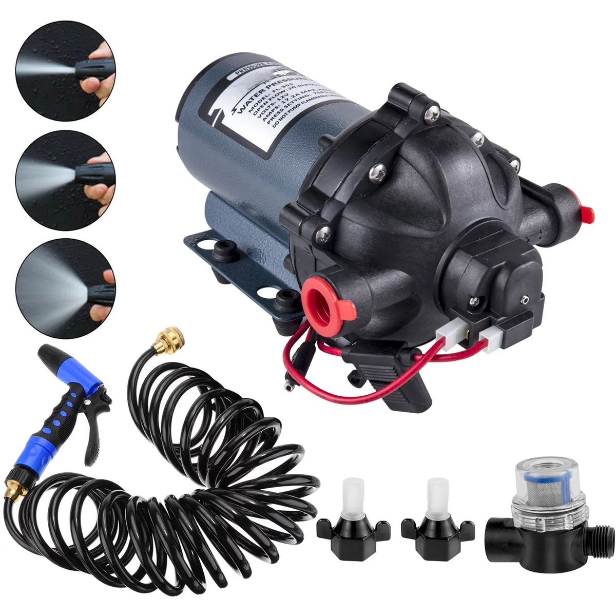 BENTISM RV Water Pump 5.3 GPM 5.5 Gallons Per Minute 12V Water Pump Automatic 70 PSI Diaphragm Pump with 25 Foot Coiled Hose Washdown Pumps for Vessel Caravan Rv Marine Yacht