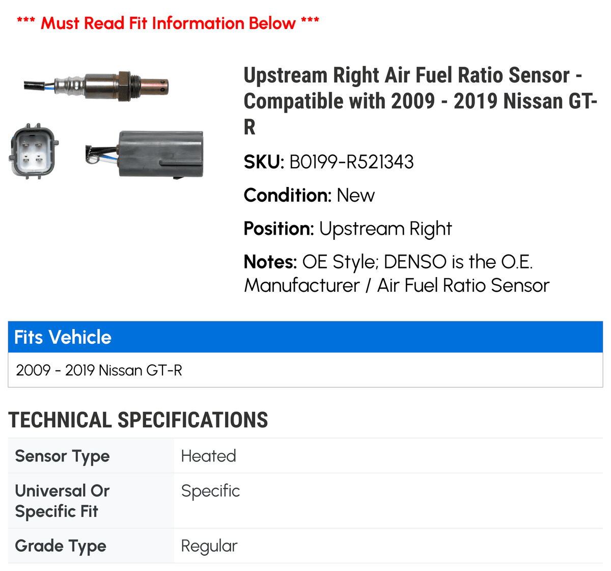 Upstream Right Air Fuel Ratio Sensor - Fitting with 2009 - 2019 Nissan GT-R 2010 2011 2012 2013 2014 2015 2016 2017 2018