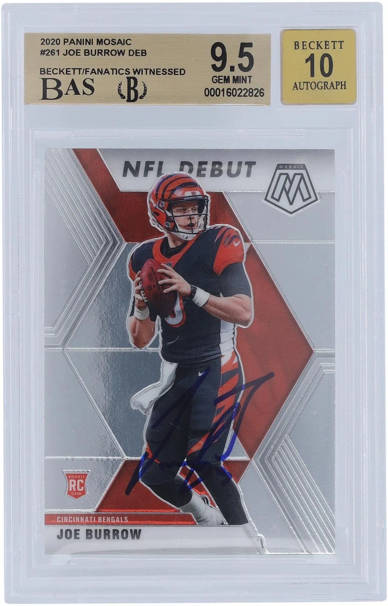 Joe Burrow Cincinnati Bengals Autographed 2020 Panini Mosaic #261 Beckett Fanatics Witnessed Authenticated 9.5/10 Rookie Card - 9,9.5,9.5,9.5 Subgrades - Fanatics Authentic Certified