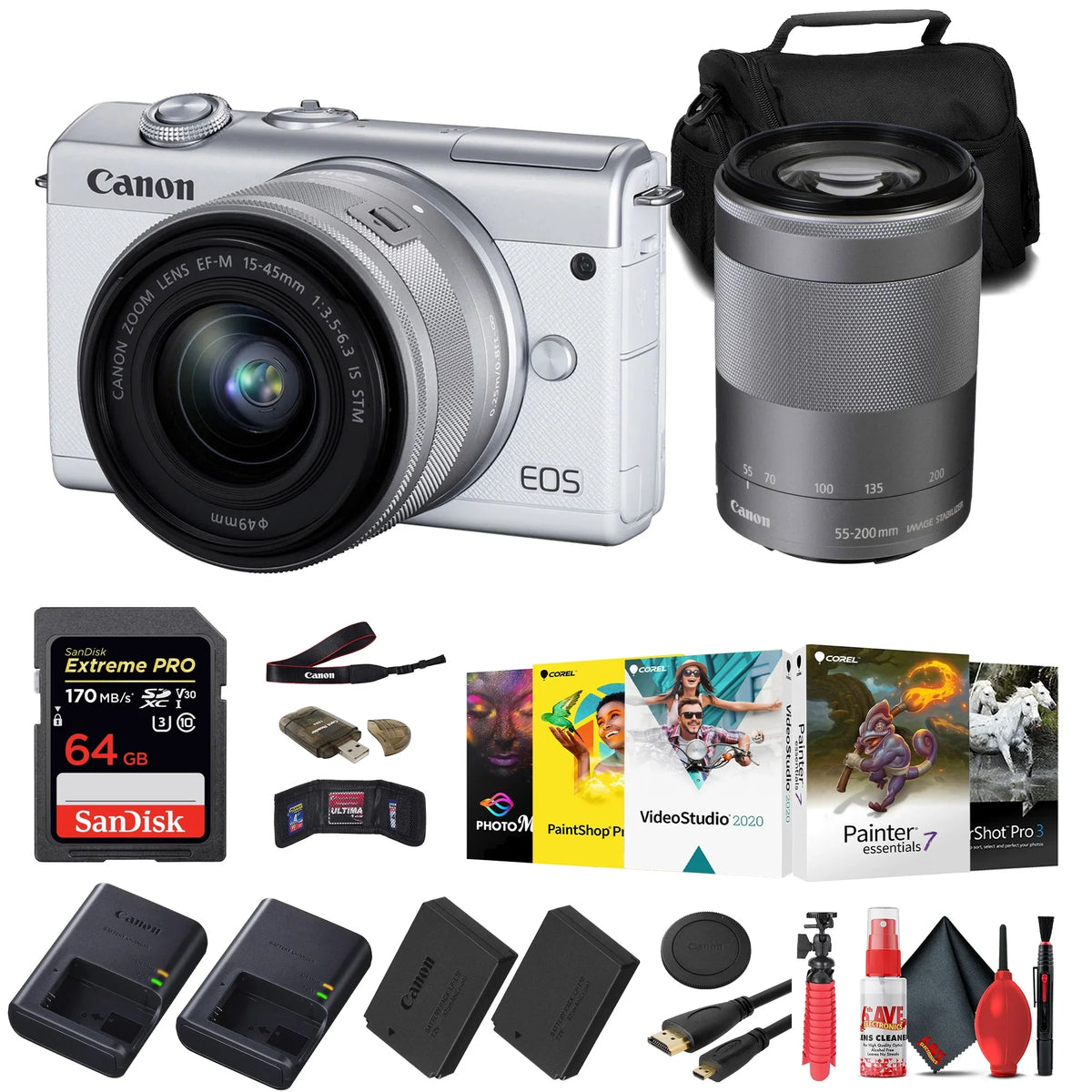 Canon EOS M200 Mirrorless Camera with 15-45mm and 55-200mm Lenses (White) (3700C009) + 64GB Card + Charger + LPE12 Battery + Card Reader + Corel Photo Software + HDMI Cable + Case + More