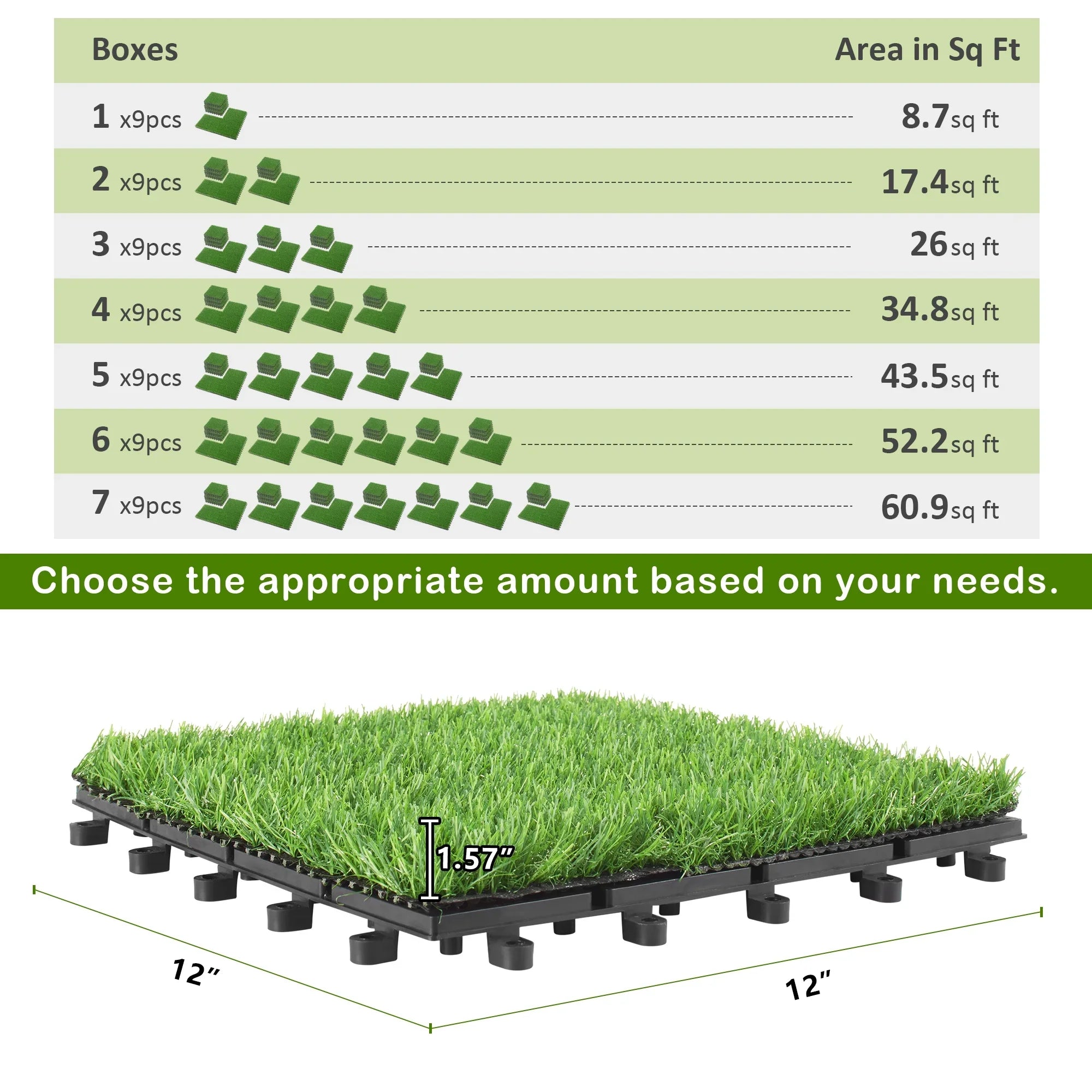 BuxWellBang 9pcs Artificial Grass Flooring Tile Interlocking Turf Tile, 12'' x 12'' x 2''