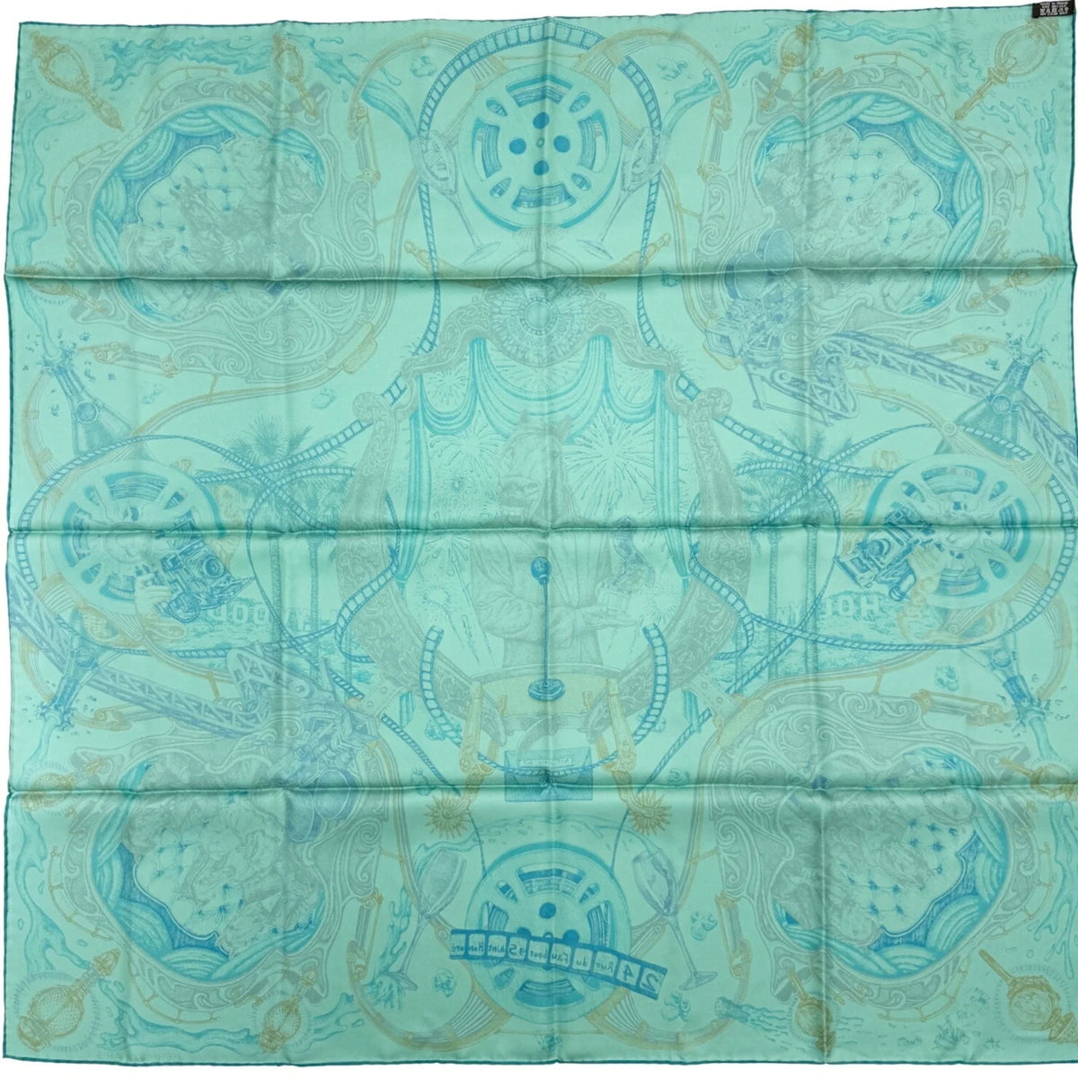 Pre-Owned Hermes HERMES Kare90 The Horsewards Horse Award Silk Green Blue Gray Scarf Large Ladies (Like New)