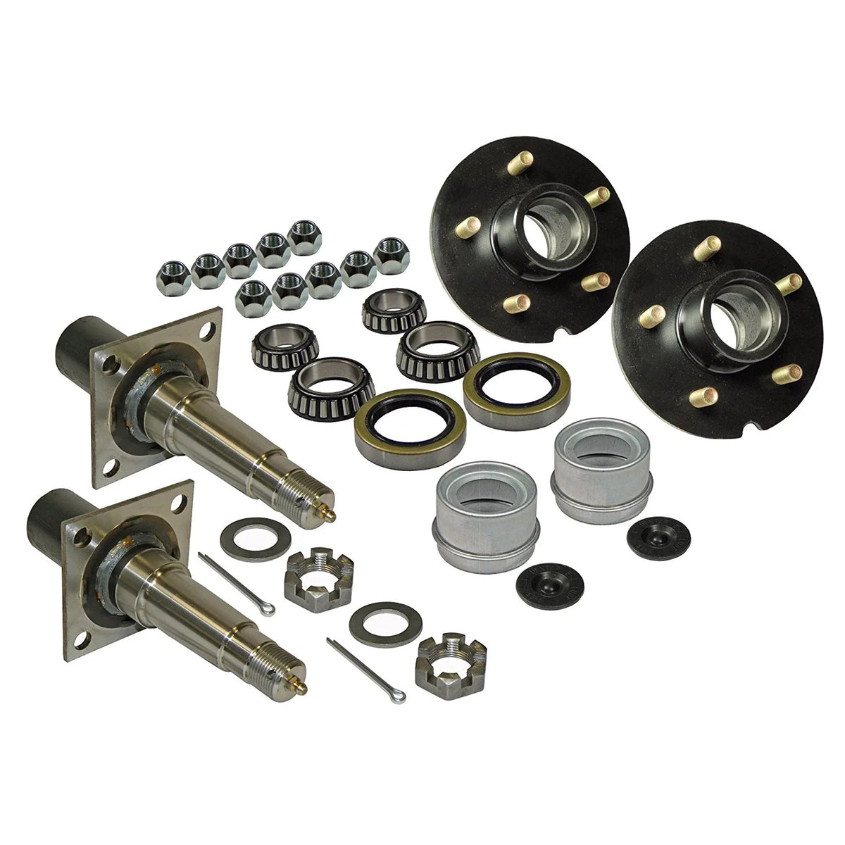 Pair of 5-Bolt on 4-1/2 Inch Trailer Hub Assemblies - Includes (2) Flanged, 1-3/8 Inch to 1-1/16 Inch Tapered Spindles &amp; Bearings