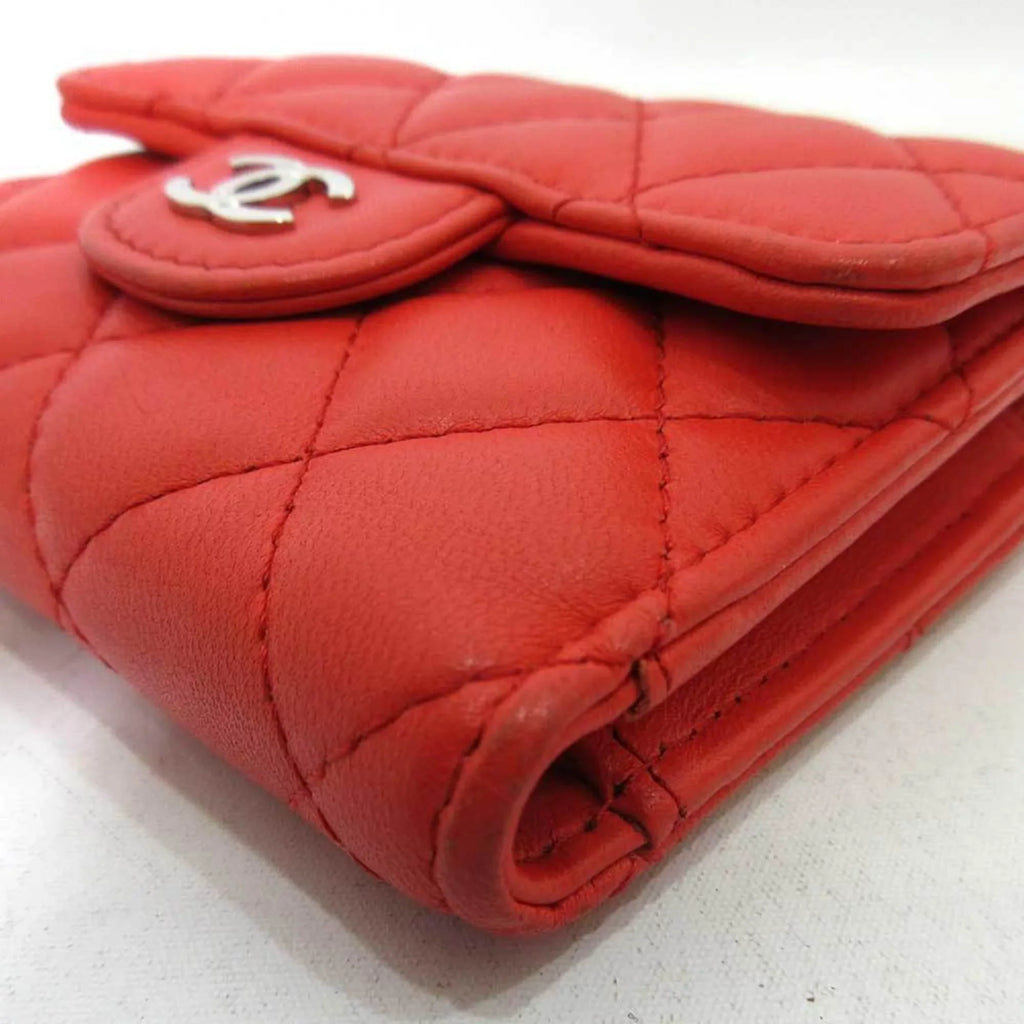 Pre-Owned Chanel Wallet Small Orange Red Series Silver Metal Fittings Mini Trifold Matelasse Women's Lambskin CHANEL (Good)