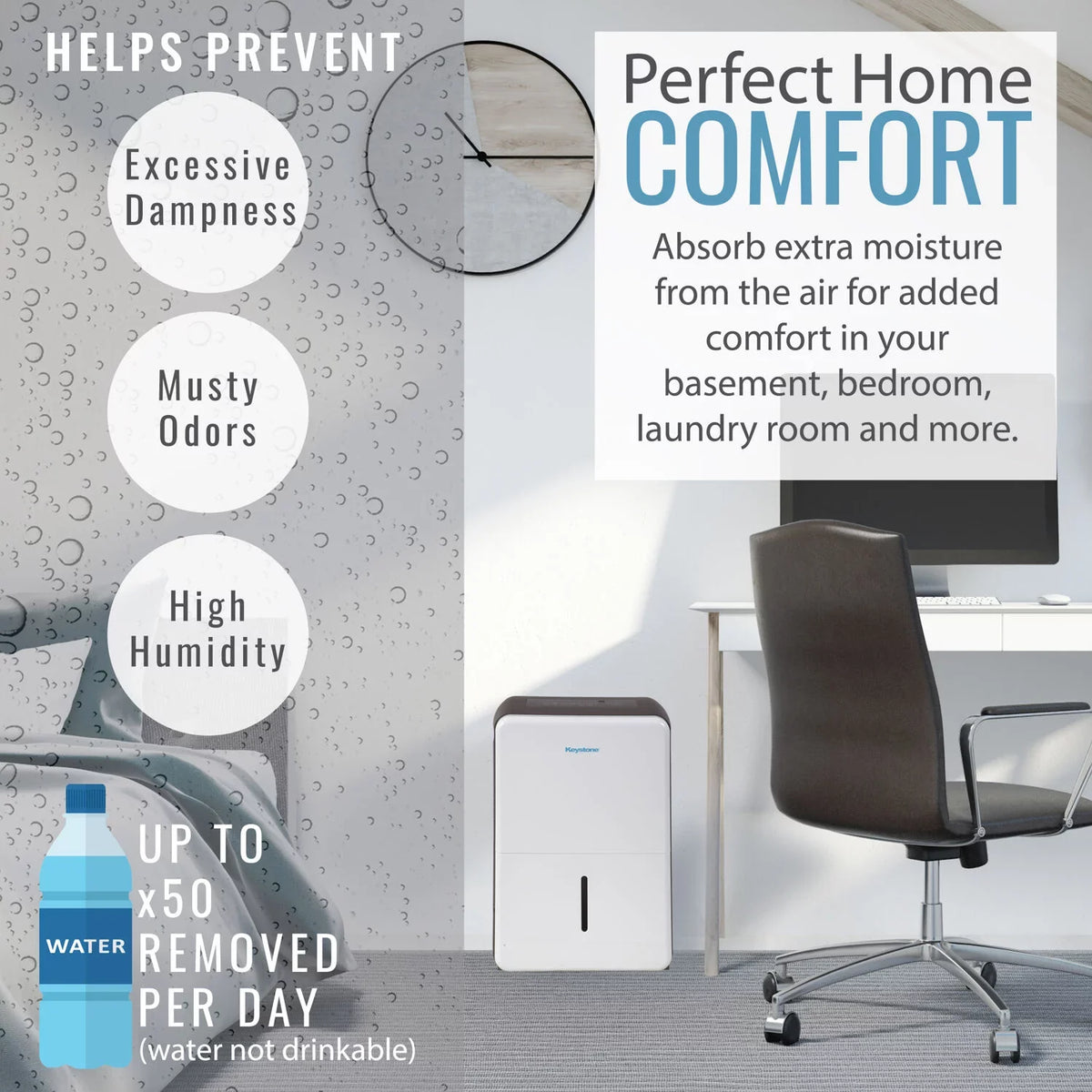 Keystone 50 Pint Dehumidifier with Electronic Controls and Built-In Pump