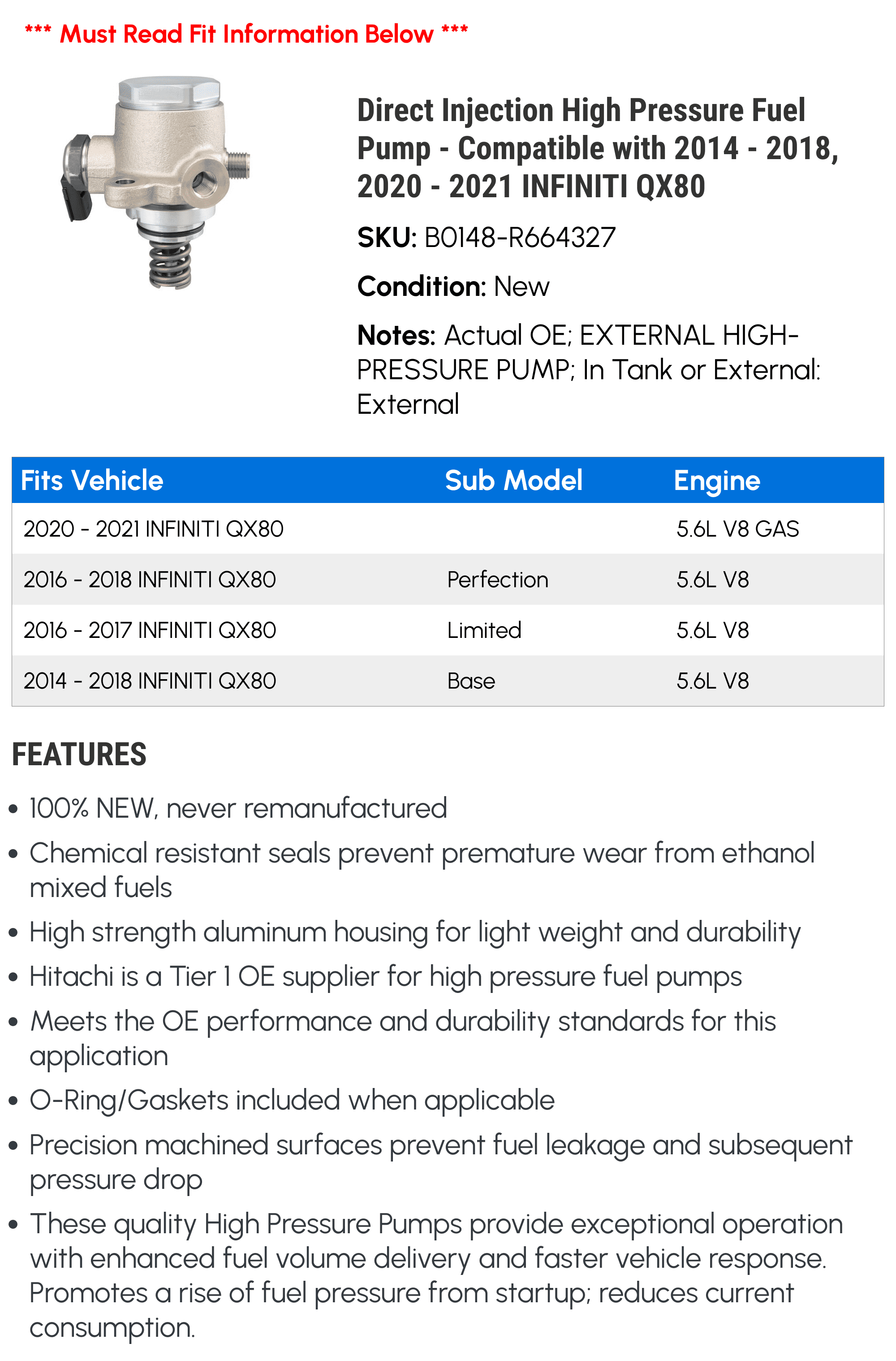 Direct Injection High Pressure Fuel Pump - Matching with 2014 - 2018, 2020 - 2021 INFINITI QX80 2015 2016 2017