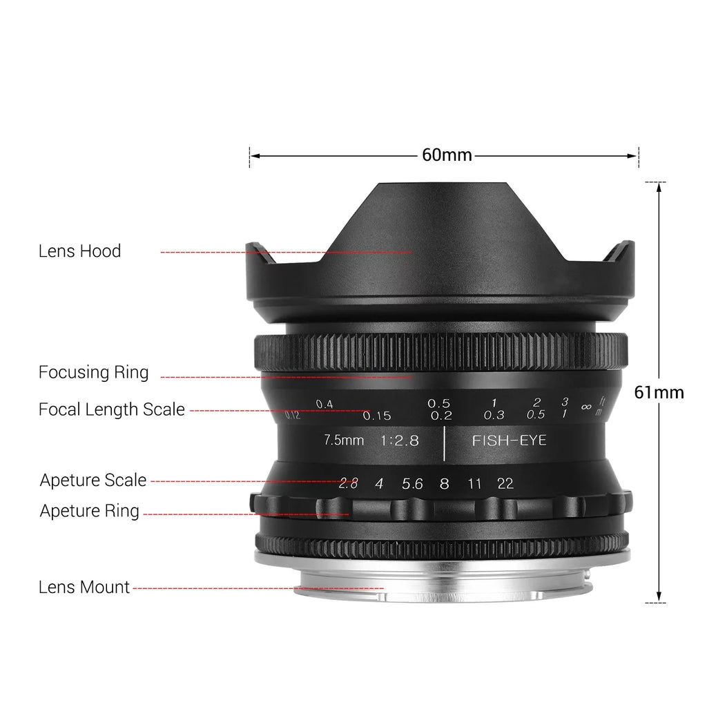 Andoer Andoer 7.5mm F2.8 Manual Focus Fisheye Lens 180° Ultra Wide Angle Large Aperture E-Mount Lens Matching with APS-C Frame Camera A6600 A6100 A6400 A6500 A6300 A6000 5100 A77II