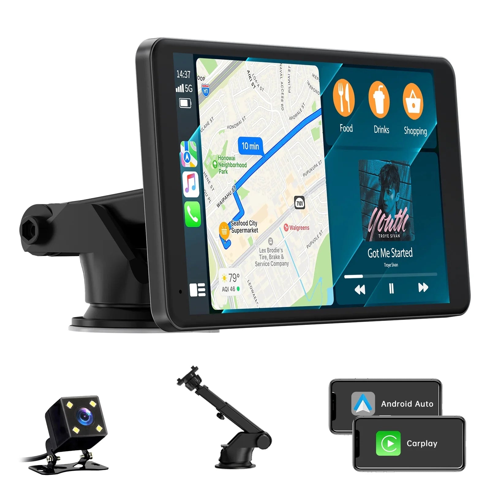 TOGUARD Portable Wireless Car Stereo Apple Carplay with Airplay, 7" HD Touch Screen Android Auto for Cars, Car Radio Receiver with Bluetooth, FM, AUX, Voice Control, GPS Navigation for All Vehicles