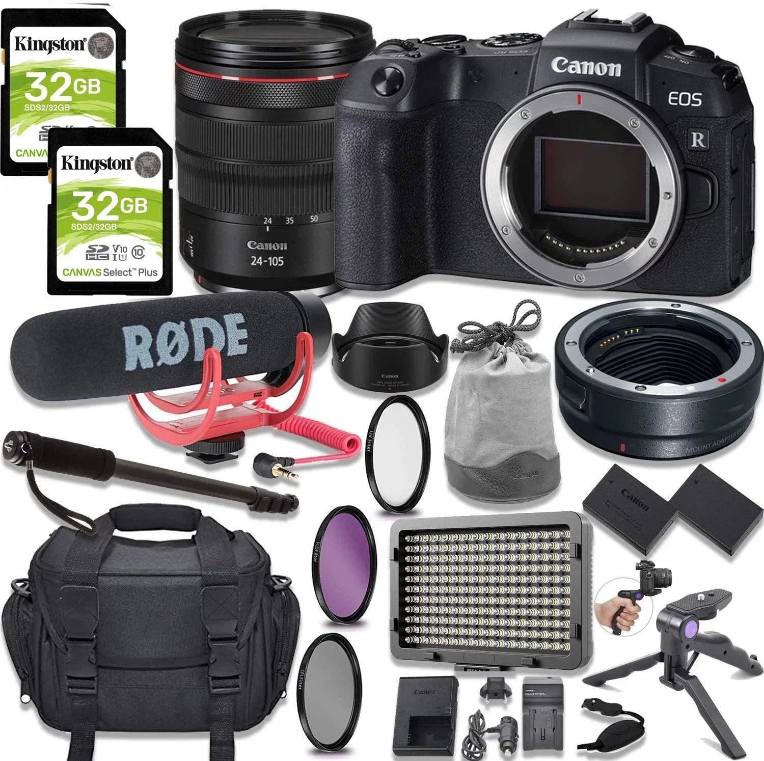 Canon EOS RP Mirrorless Digital Camera with RF 24-105mm Lens Kit + Mount Adapter + Video Accessory Bundle with Rode Video Go Mic, 64GB Memory, LED Light & More