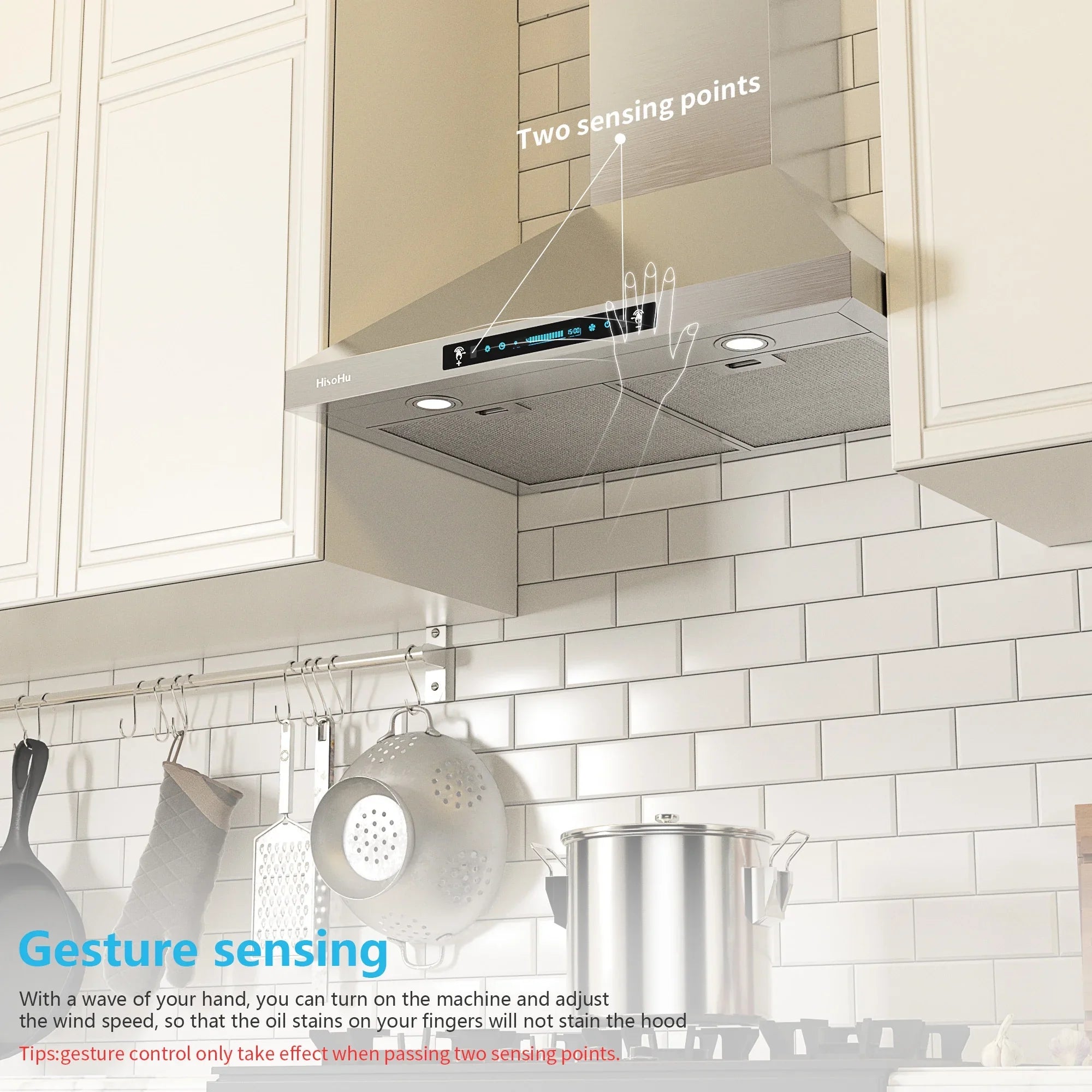 HisoHu Wall Mount Kitchen Hood Range Hoods with Ducted/Ductless Convertible Duct, 36 Inch 780 CFM Stainless Steel Vent Hood, 4 Speed Gesture Sensing Exhaust Hood with Dimmable LED lights(A02-36")