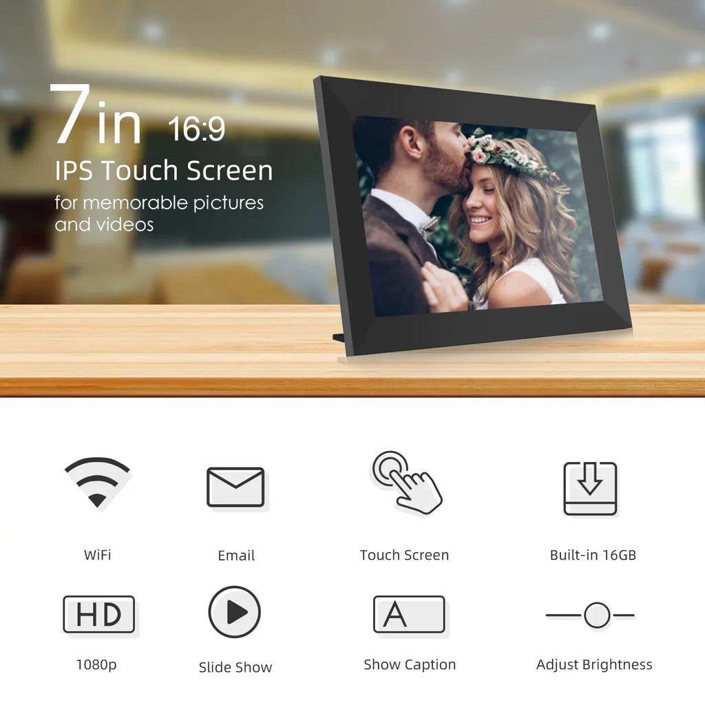 JEEMAK Smart Digital Photo Frame 7" WiFi HD IPS Touch Screen Built-in 16GB Storage Auto-Rotate Easy Share Photos/Videos via App, Email