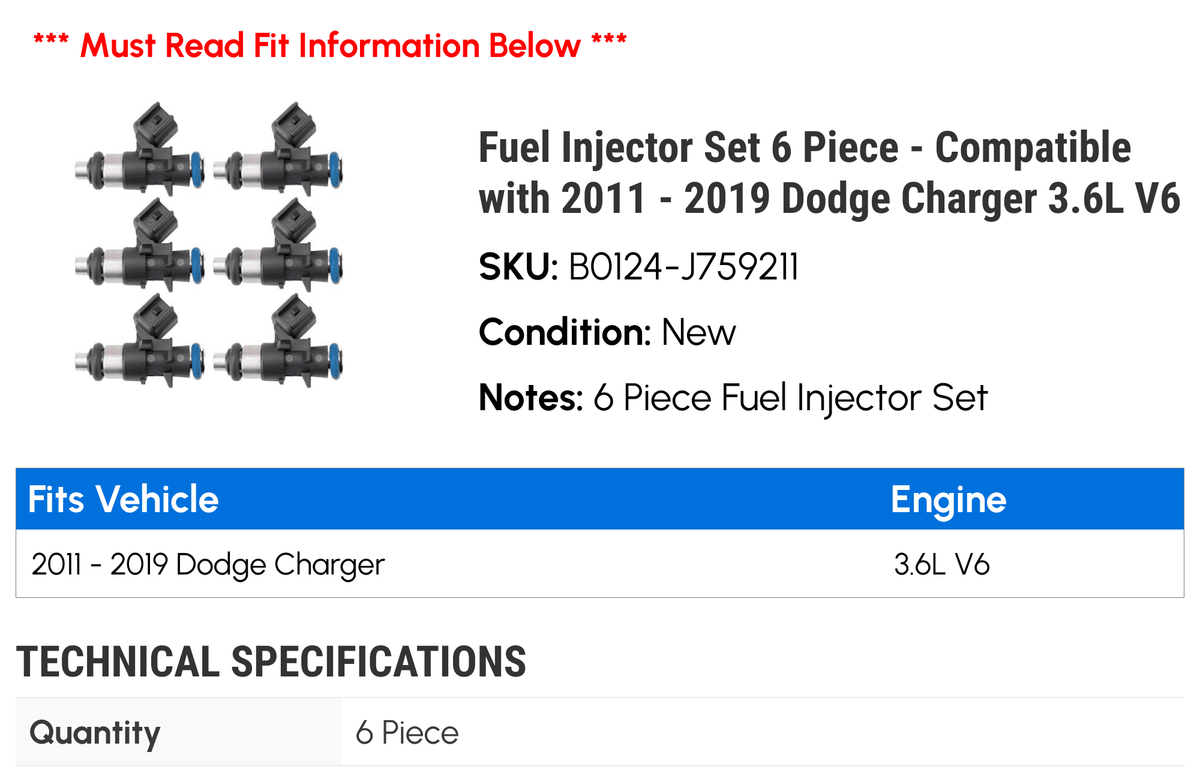 Fuel Injector Set 6 Piece - Fitting with 2011 - 2019 Dodge Charger 3.6L V6 2012 2013 2014 2015 2016 2017 2018