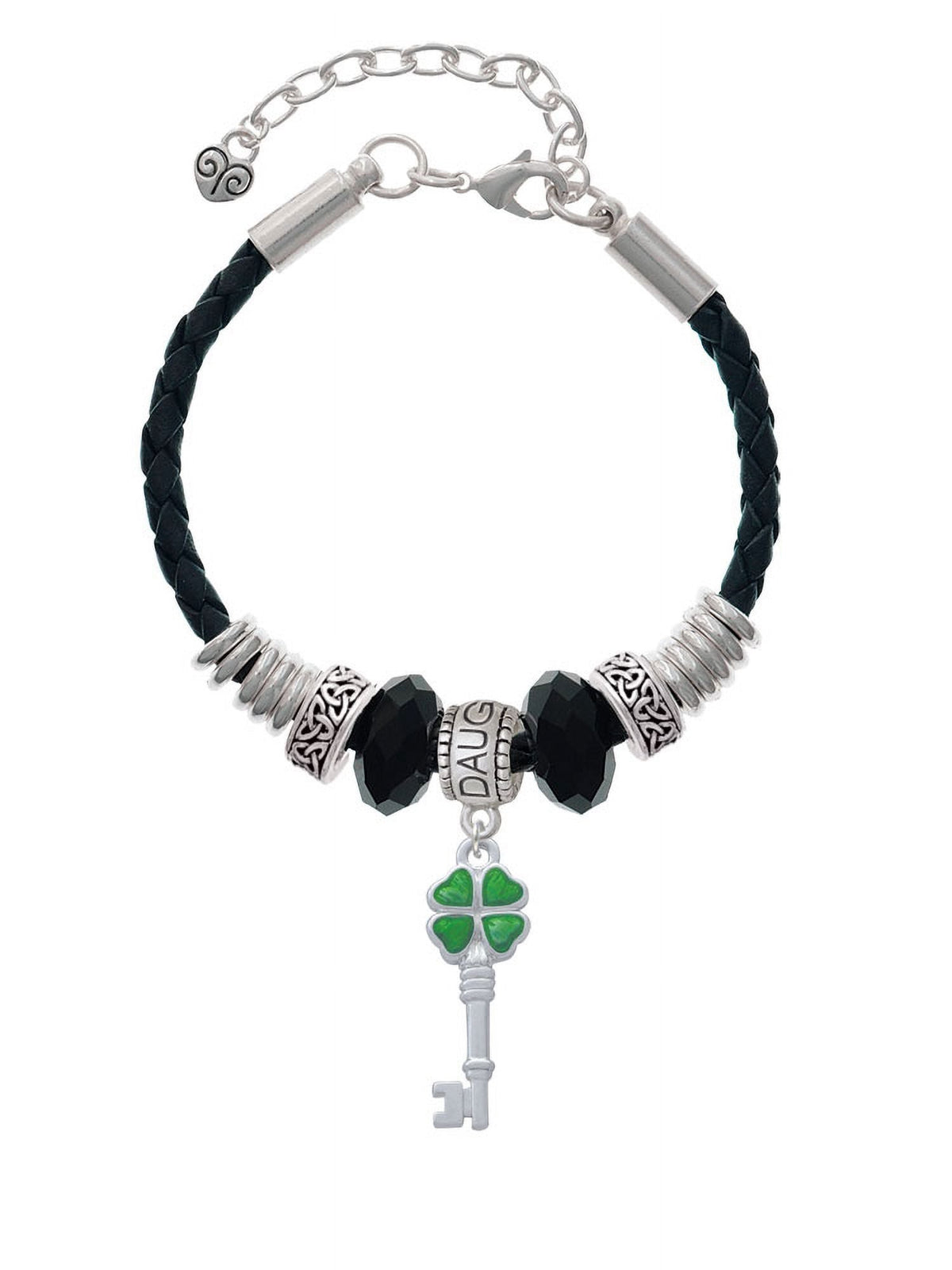 Delight Jewelry Silvertone Translucent Green Lucky Four Leaf Clover Key Daughter Celtic Knot Leather Bead Bracelet, 7"+2" Extender