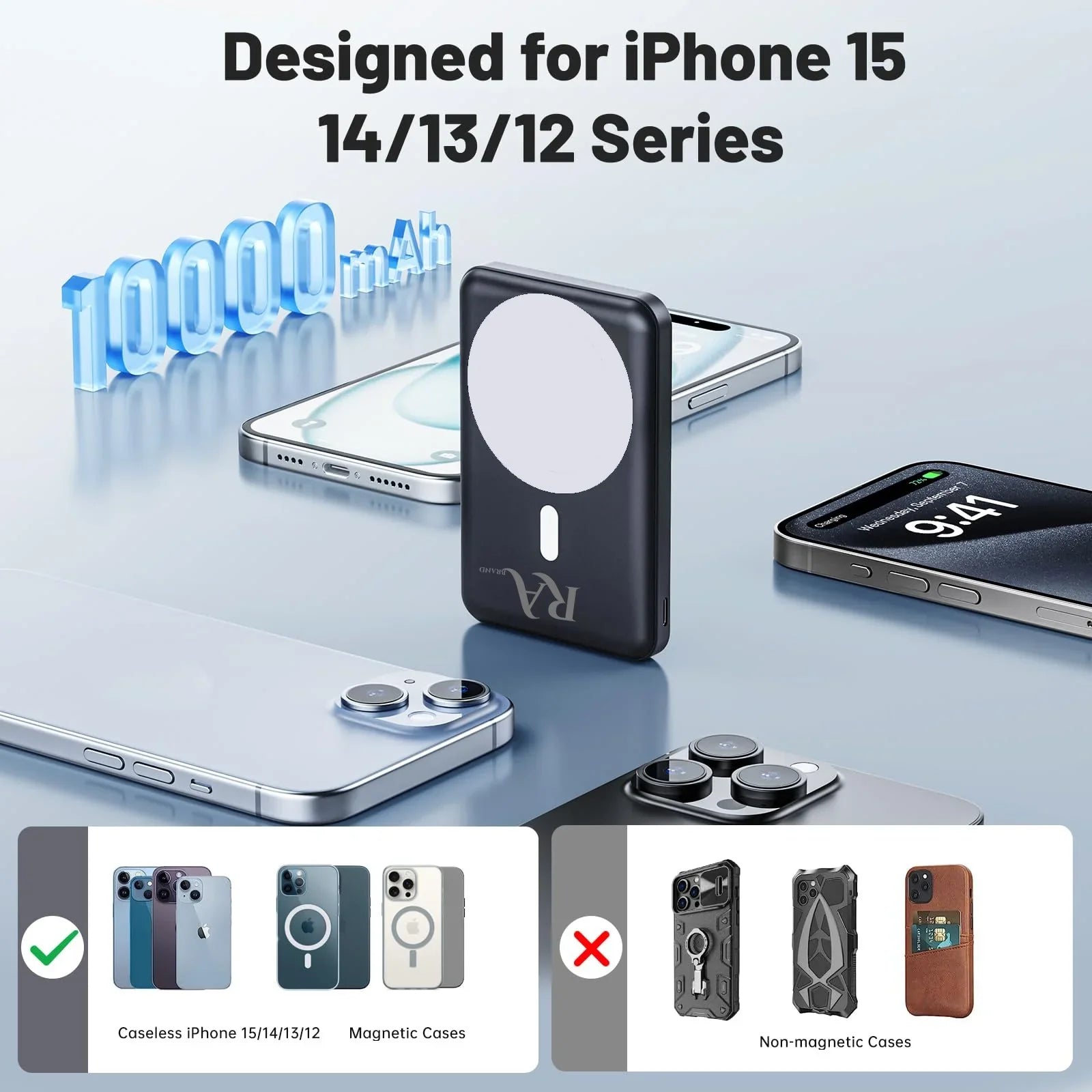 Rabrand Magsafe Fast Charging Portable Power Bank, Solar Wireless Magnetic Phone Charger 5000 Mah