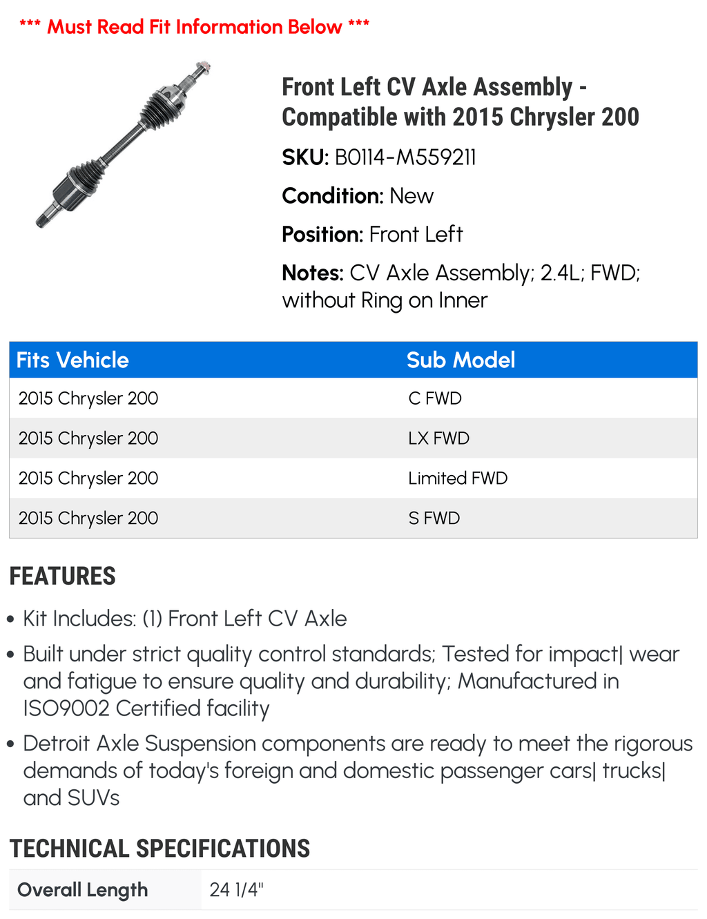 Front Left CV Axle Assembly - Fitting with 2015 Chrysler 200