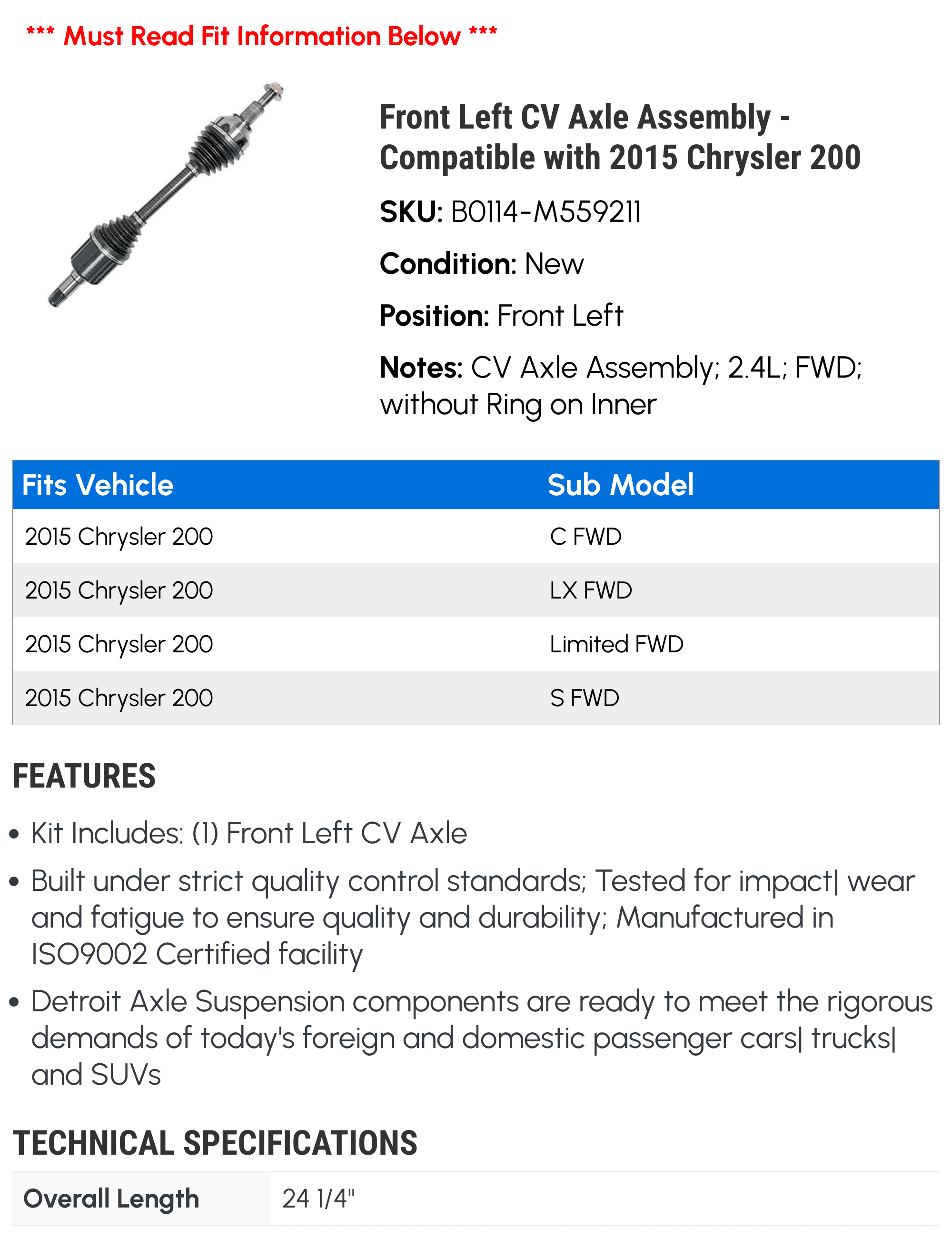 Front Left CV Axle Assembly - Fitting with 2015 Chrysler 200