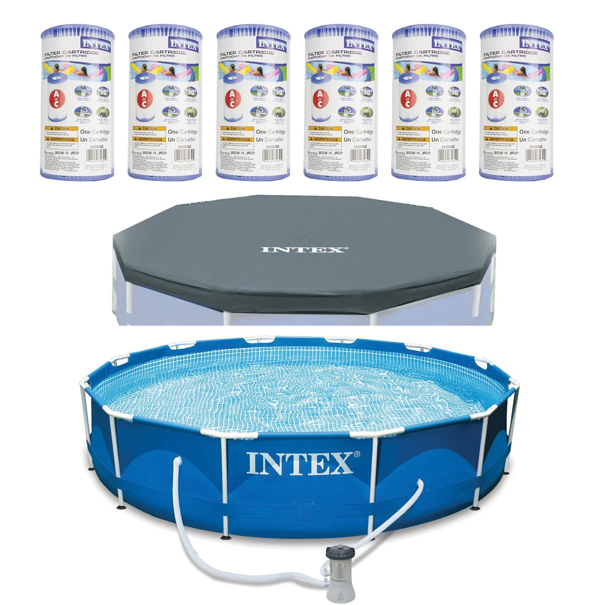Intex Metal Above Ground Pool w/ Pump, Filter Cartridge 6 Pack, and Coating
