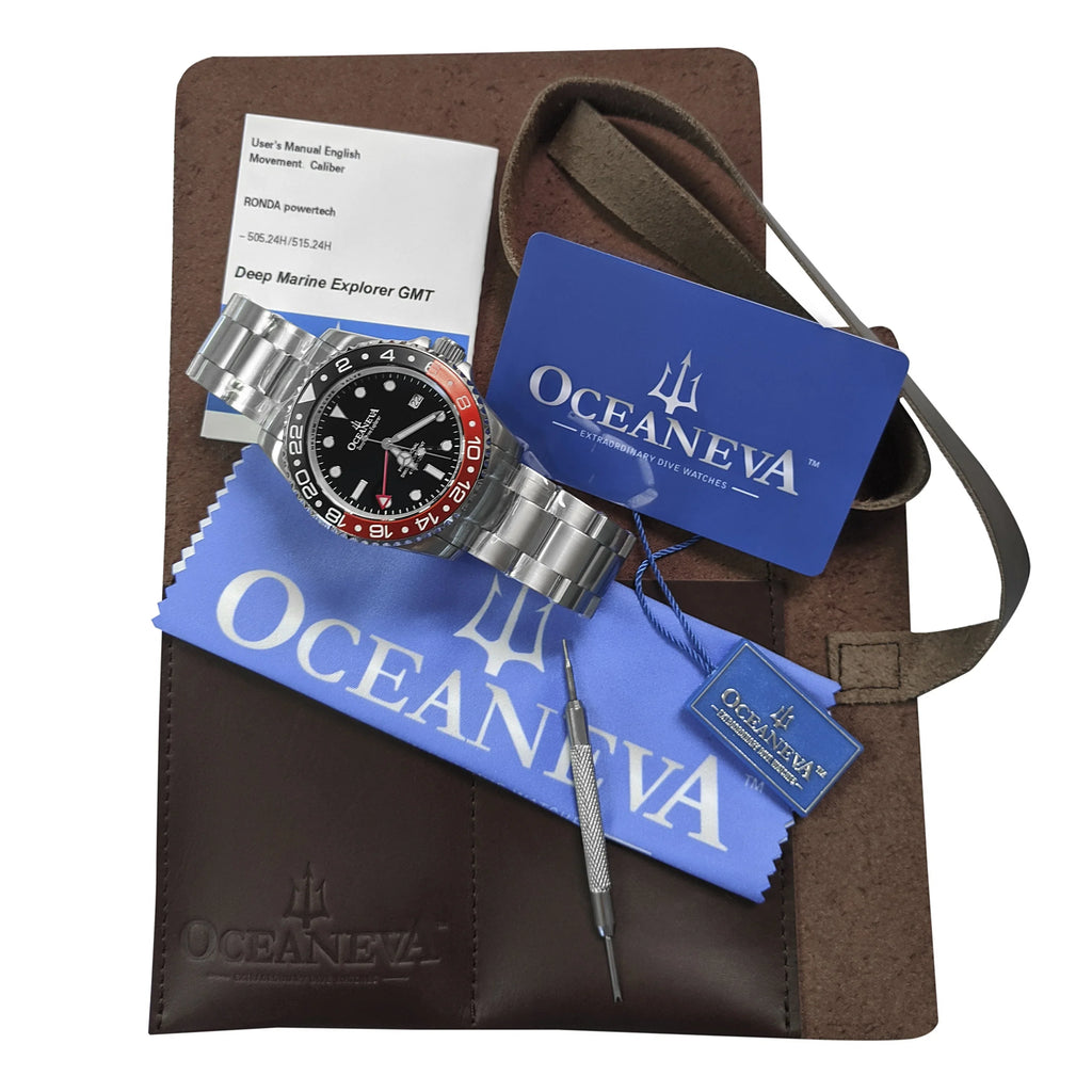 Oceaneva™ Men's GMT Deep Marine Explorer 1250M Pro Diver Watch Red and Black- Quartz, Swiss Movement Stainless Steel Bracelet